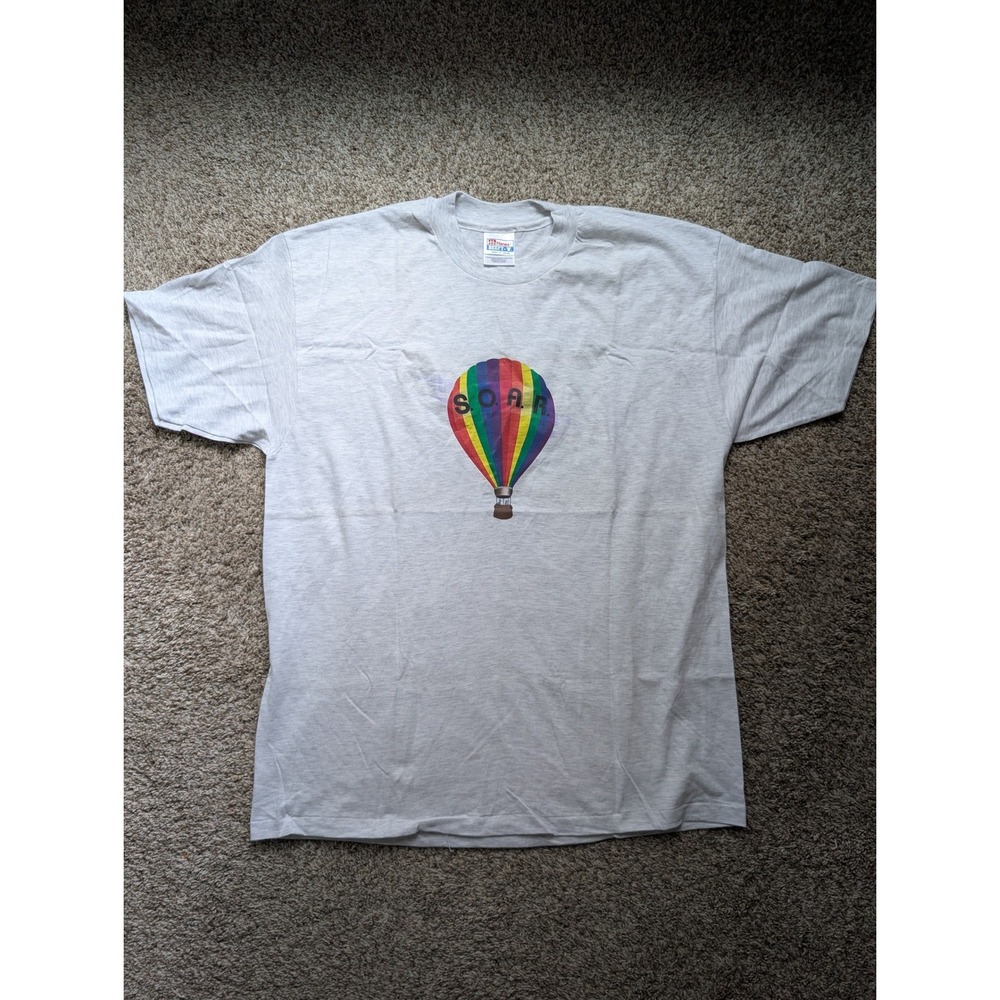 Hanes T-Shirt Men XL Gray Vintage 90s SOAR Rainbow Hot Air Balloon Single Stitch